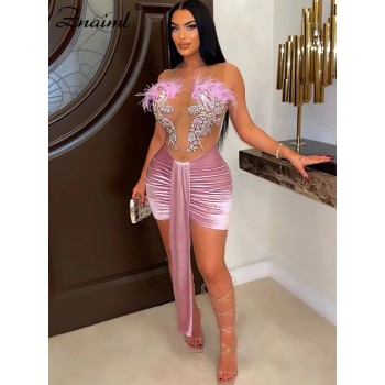 Znaiml Night Party Evening Ruched Patchwork Velvet Bodycon Mini Dress Women Embroidery Feathers Mesh See-through Birthday Robe